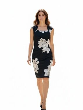 Calvin Klein Black White Floral Midi Sheath Dress
